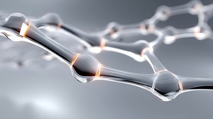 Close-up of a 3D rendered abstract molecular structure with glowing orange details against a gray background, suggesting science and technology.