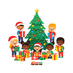 A diverse group of happy children in Santa hats surround a decorated Christmas tree, holding presents and toys.