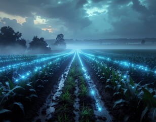 Digital Lines Across the Farm: A surreal digital art depicting luminous digital lines crossing a field of crops under a dramatic, moody sky. 