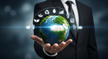 Businessman in suit holding a globe with environmental icons floating above, representing sustainability and eco-friendly practices.