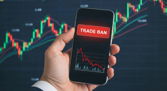 Man holding smartphone with trade ban message and declining graph indicating stock market collapse due to economic sanctions. - Powered by Adobe