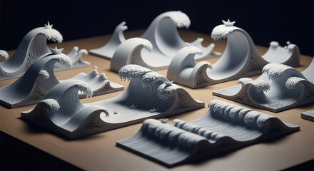Artistic white ceramic sculptures depicting various ocean waves and ripples on a flat surface.