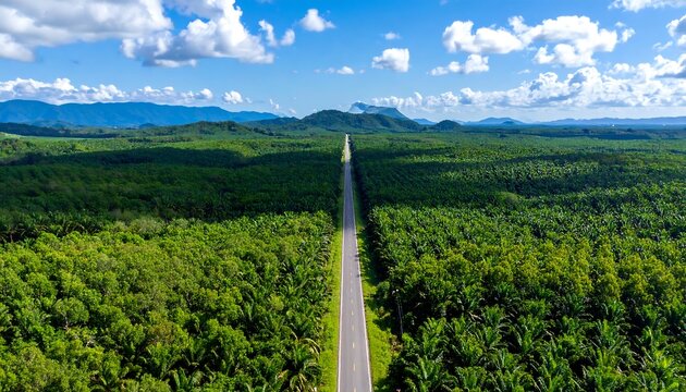Aerial view of a long road stretching across dense, lush green forest under a blue sky with clouds - Powered by Adobe