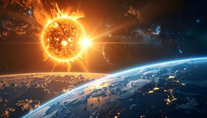 A vibrant sun, earth, and moon align in a cosmic dance, set against a backdrop of colorful nebulae