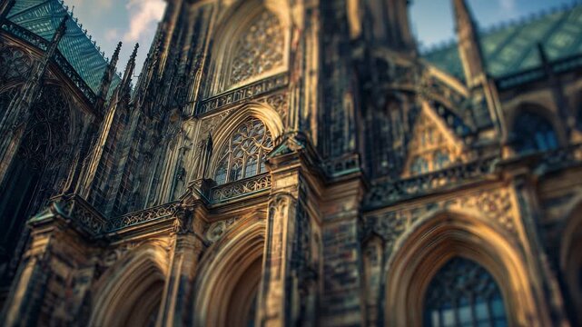 An elegant gothic cathedral features intricate stonework and towering spires, casting dramatic shadows on the ground below. The stunning architecture captivates with its detailed d