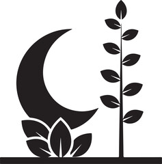 Simple black silhouette showing a stylized crescent moon alongside growing plants and leafy stalks representing nature and botany