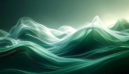 Abstract, emerald green waves and swells rippling across the scene, with bright light emanating from the upper right