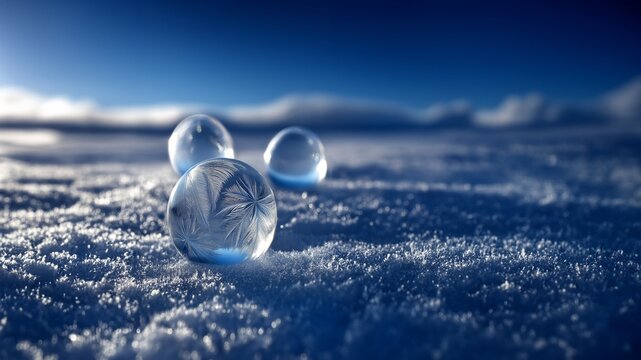 Kristallisierte Seifenblase auf Schnee bei Sonnenaufgang in blauer Winterlandschaft