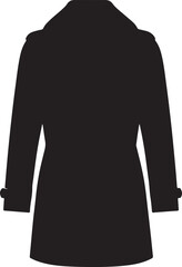 Simple black silhouette vector illustration of a long trench coat or winter overcoat viewed from the rear perspective