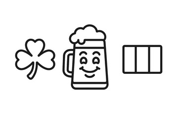 Minimalist outline symbols for St. Patrick's Day featuring a shamrock and cheerful beer mug