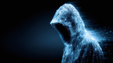 Digital presence figure in a hooded outfit, shrouded in interconnected nodes, symbolizing the fusion of technology, connectivity, and anonymity.
