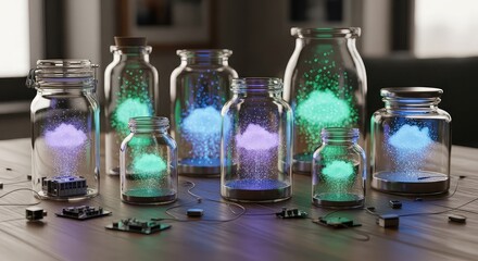 A collection of glass jars containing glowing, colorful cloud-like formations, surrounded by small electronic components.