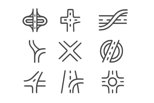 Outline symbols representing various road junctions, highway interchanges, and traffic roundabouts