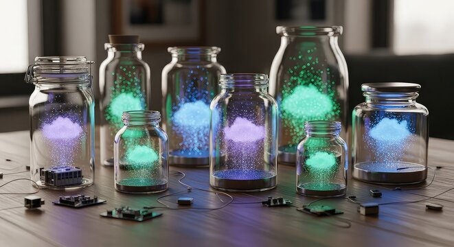 A collection of glass jars containing glowing, colorful cloud-like formations, surrounded by small electronic components.