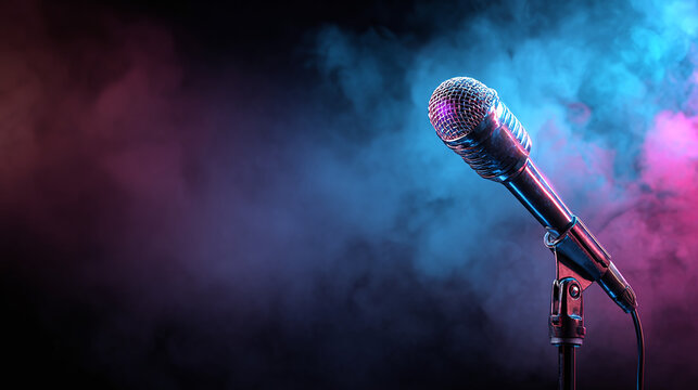 A microphone stands in the spotlight, smoke swirling around it, bathed in vibrant pink and blue lights. Ready for a performance, the stage is set.