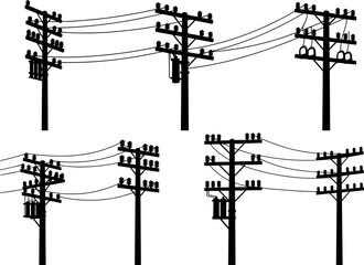 Utility pole silhouettes with transformers and insulators, diverse electrical infrastructure configurations, flavector engineering series