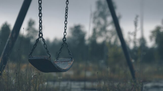 Empty playground swing moving in abandoned village under overcast sky. lifestyle magazines, social media lookbooks, designed for influencer and brand collaborations.