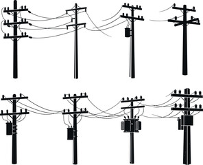 Utility pole silhouettes with transformers and insulators, electrical distribution infrastructure diversity, flavector engineering series