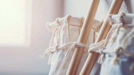 A close-up of two crossed lacrosse sticks with net bags in soft morning light. event key visuals, club posters, designed for fitness apps and gym onboarding, used by sports marketers.