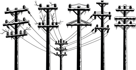 Utility pole silhouettes with snow and tree branches, winter infrastructure conditions, electrical grid diversity, flavector series
