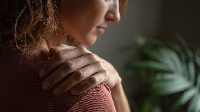 Thoughtful young woman with hand on shoulder. Natural light illuminates her contemplative expression. A moment of self-reflection and comfort.