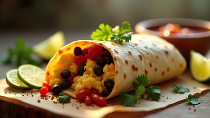 A mouthwatering burrito with fresh ingredients, beautifully arranged with lime slices and salsa