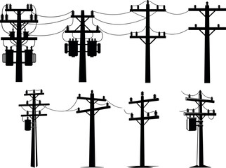 Utility pole silhouettes with transformers and wire configurations, electrical infrastructure diversity, flavector engineering series