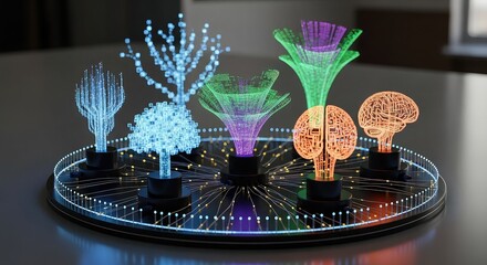 Futuristic glowing abstract models representing data, networks, or biological systems on a circular display.