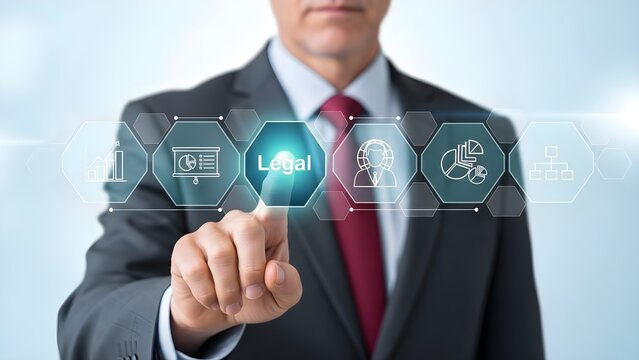 Businessman in a suit points to a "Legal" icon on a futuristic interface with other business-related icons, suggesting legal services or compliance.