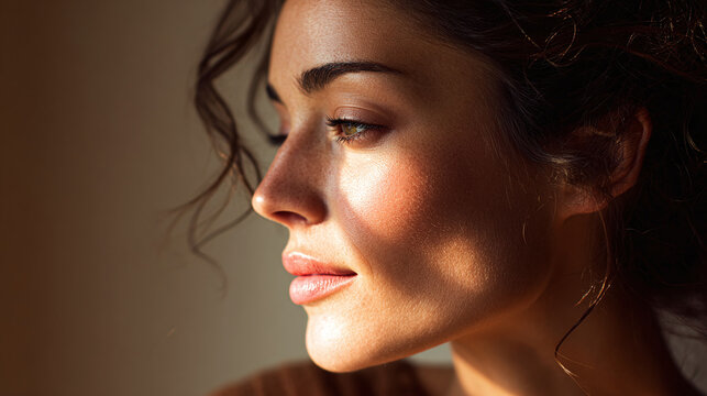 Profile of a woman with sun-kissed skin, light shining on her face, freckles and curly hair, looking elegant and beautiful in the light.