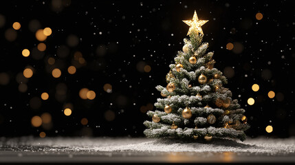 A festive scene of a Christmas tree adorned with gold ornaments and a star on top, set against a black backdrop with bokeh lights and snow falling.