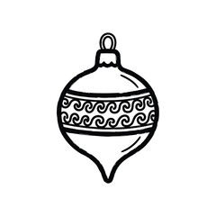 A simple, hand-drawn illustration of a Christmas ornament with a decorative swirl pattern. Isolated on a white background.