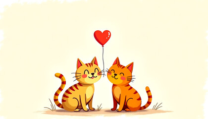 Cute cats and heart. Mockup for Valentine's Day greeting cards. Copy space.