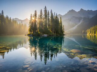 Sunrise reflection on a scenic mountain lake surrounded by pine forest trees, showcasing the beauty of a morning landscape