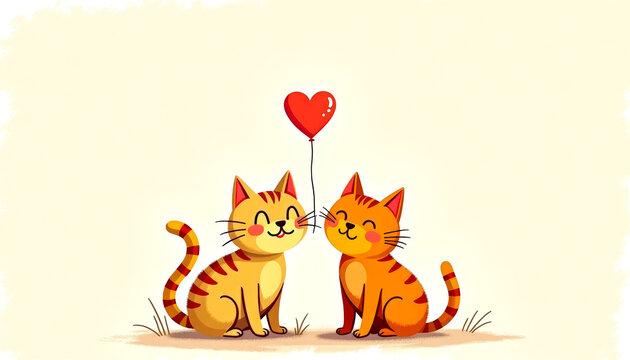 Cute cats and heart. Mockup for Valentine's Day greeting cards. Copy space.