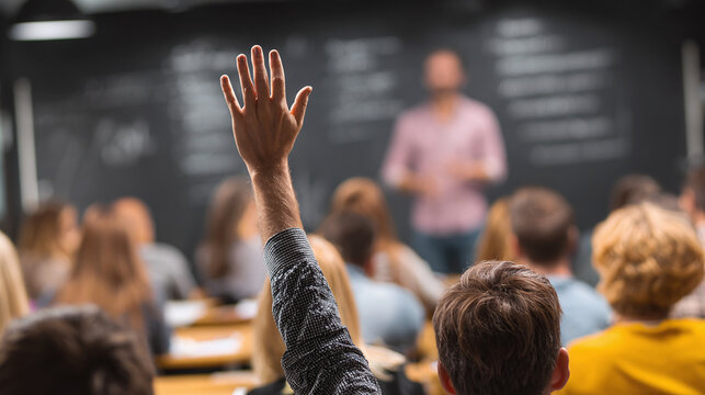 Classroom scene showcasing active student participation. A student's raised hand stands out, indicating a desire to engage with the lecture.