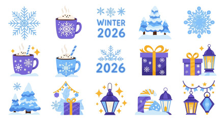 Fototapeta premium Delightful winter holiday elements and festive 2026 designs for seasonal cheer, featuring snowflakes, cocoa, gifts, and lanterns to celebrate the magical season
