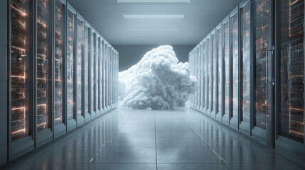 Server room with a cloud formation inside. The physical representation of data in a room of computers ready to handle all needs.