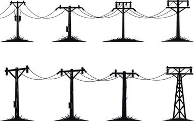 Utility pole silhouettes, electrical wire configurations, infrastructure diversity, power distribution system, rural energy grid, flavector