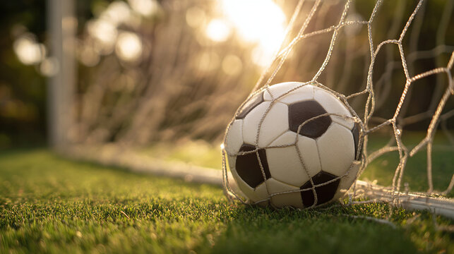 A classic soccer ball rests in the net, sunlight streaming through, casting a warm glow on the lush, green grass of the field.