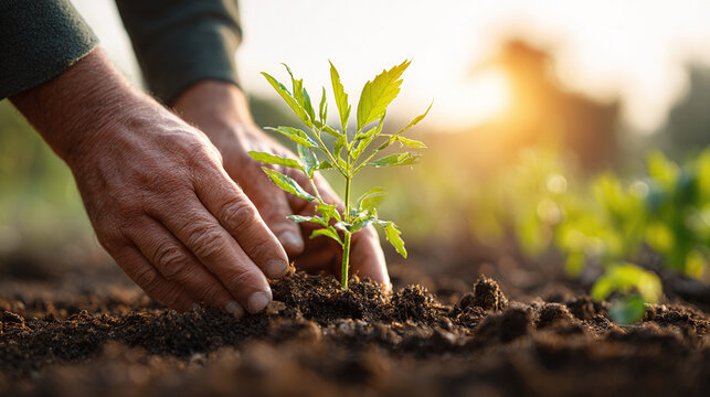 Close-up of hands gently planting a young sapling in rich soil, bathed in warm sunlight, symbolizing growth, sustainability, and environmental care.