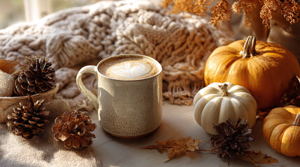 A comforting cup of latte art, pumpkins, pine cones, and warm blanket, perfect for autumn vibes in a seasonal, cozy setting.