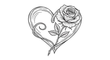 Rose and Heart Line Art Tattoo Design