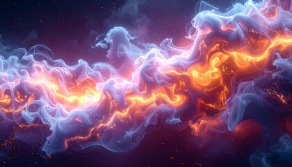 A vibrant, swirling cloud of neon blue and orange smoke against a dark backdrop with small, scattered light points
