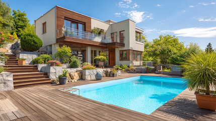A contemporary home is set on a landscaped property with a sparkling pool, inviting relaxation and summer enjoyment with style and luxury.