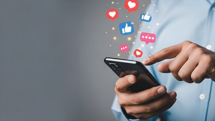 A person interacts with a smartphone, displaying social media icons like hearts, likes, and speech bubbles floating above the screen.