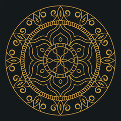 An intricate golden mandala with symmetrical floral and geometric patterns on a dark background.
