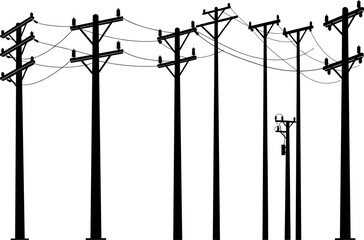 Utility pole silhouettes, power lines, electrical grid, transformer setup, rural infrastructure, voltage system, energy network, flavector