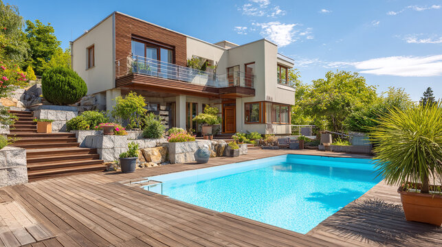 A contemporary home is set on a landscaped property with a sparkling pool, inviting relaxation and summer enjoyment with style and luxury.