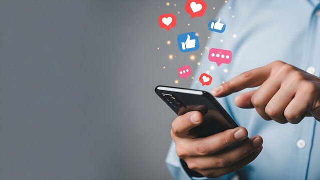 A person interacts with a smartphone, displaying social media icons like hearts, likes, and speech bubbles floating above the screen.